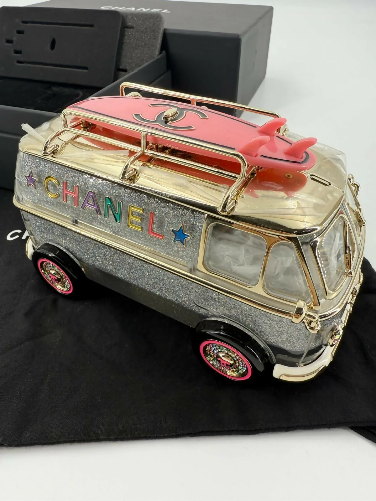 Chanel Cruise 24C Silver Glitter Lucite, Multicolor Rhinestone & Enamel Hollywood Mini Van Minaudière with Light Gold Hardware