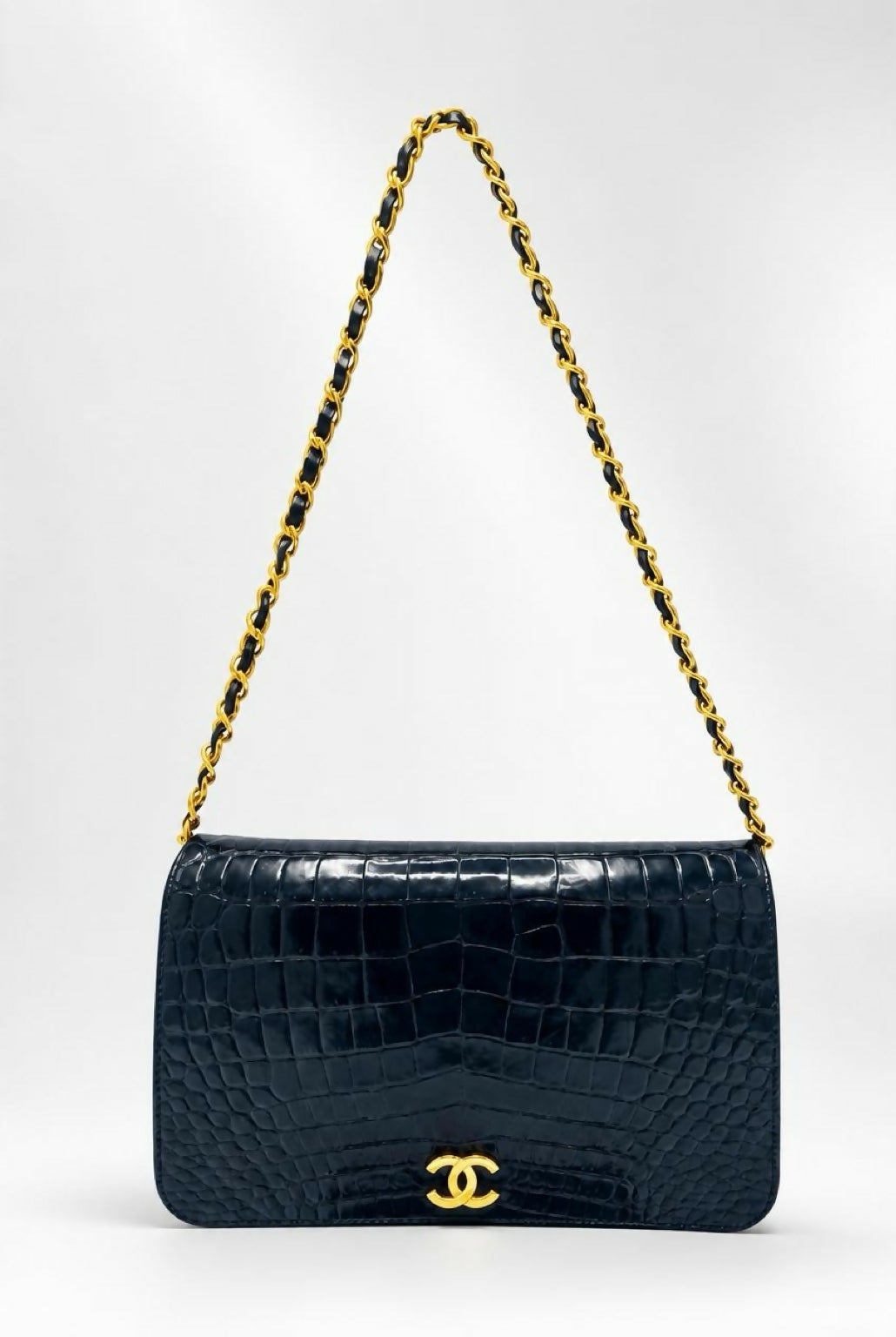 ULTRA RARE Vintage 1984 Chanel Black Crocodile Flap Bag 24K Gold Hardware