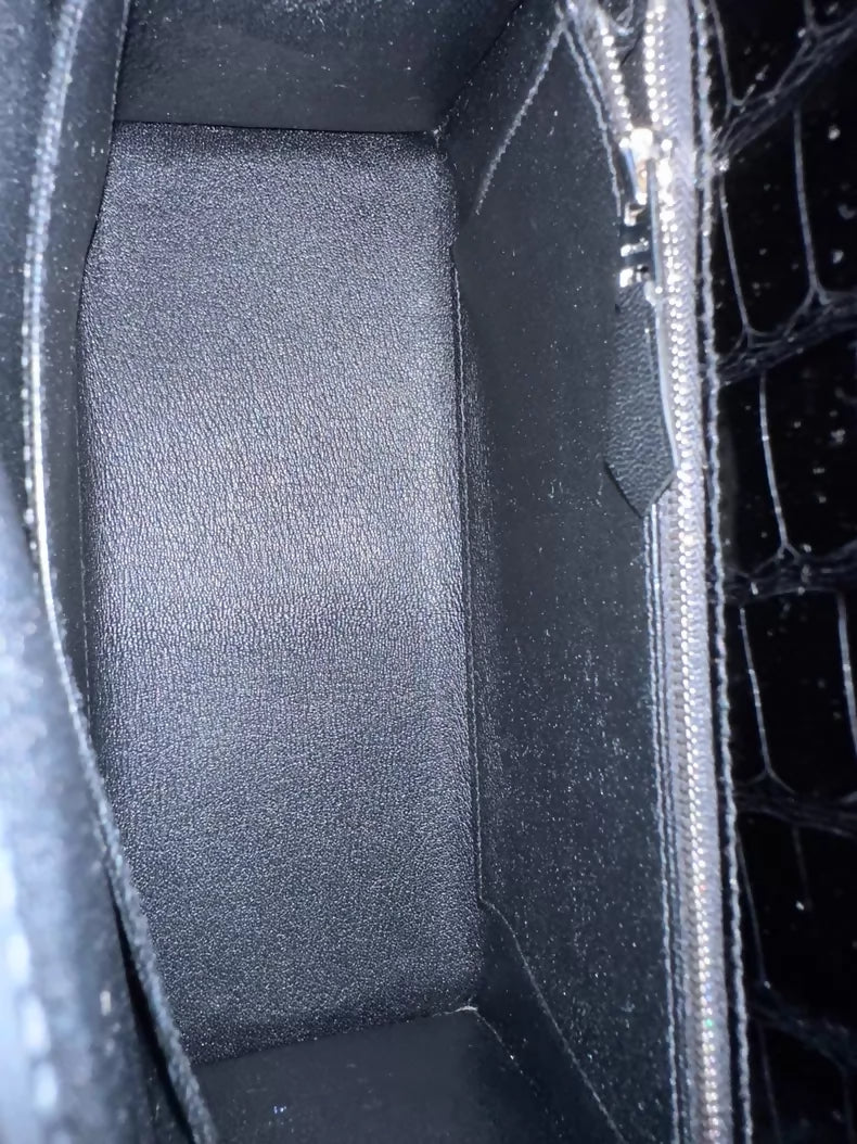 Hermes Kelly 25 black shiny crocodile leather palladium hardware