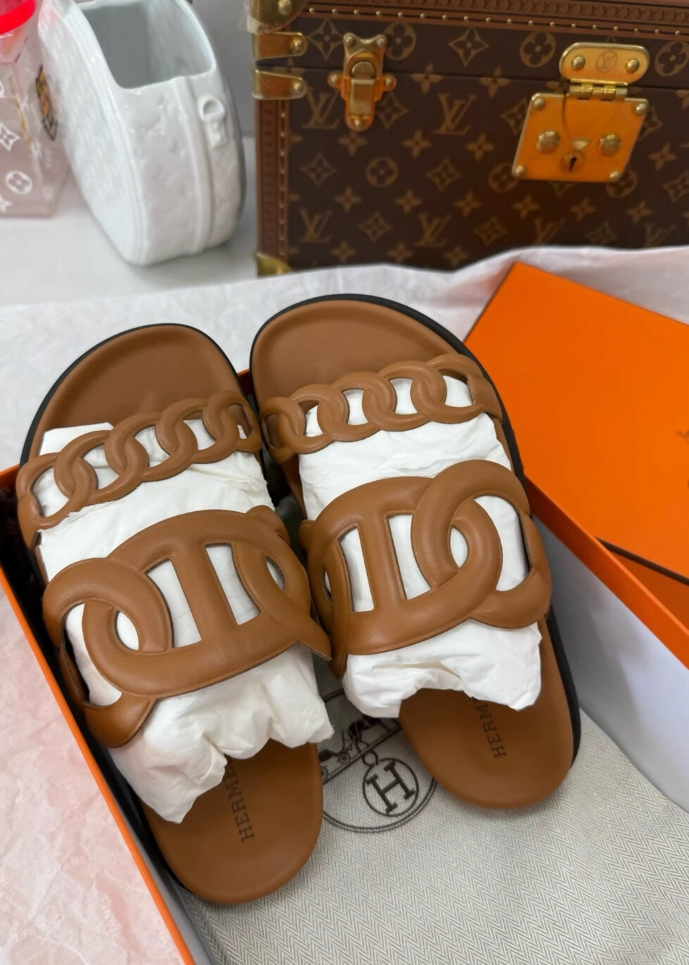 Hermes gold leather sandals