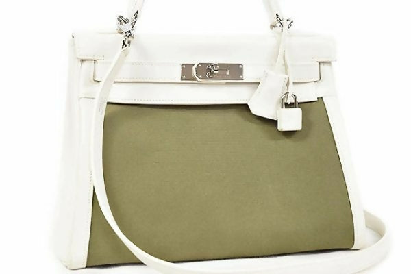 Hermes Kelly 28 white leather with green fabrics Phw