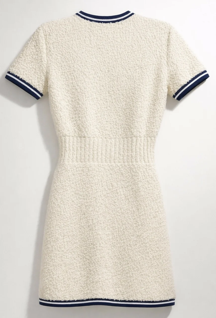 Chanel 19P Sand by the Sea Fantasy Tweed Ivory Navy Short Sleeve Dress FR 36