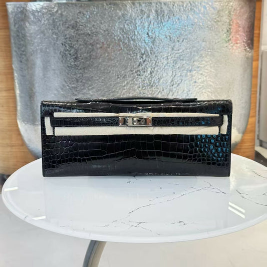 Hermes Kelly cut black shiny crocodile leather palladium hardware