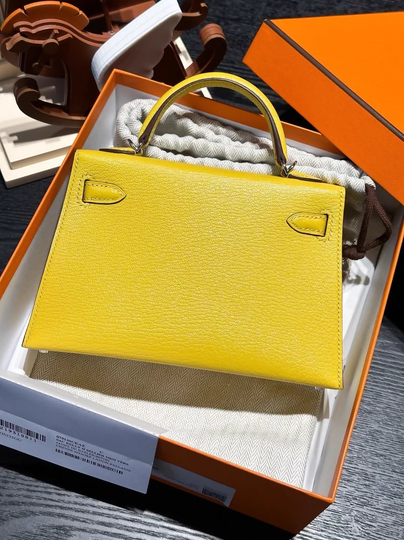 Hermes mini Kelly 20 yellow goatskin Chevre leather palladium hardware