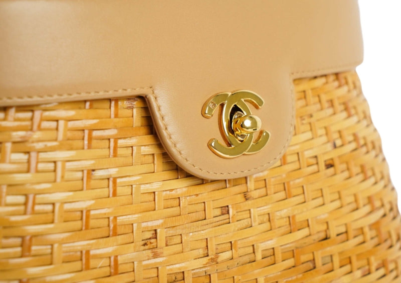 Chanel Wicker Basket Bag With beige leather Flap Bucket