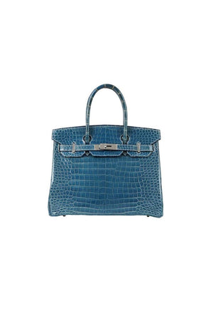 rare Hermes Birkin 30 blue denim crocodile leather palladium hardware