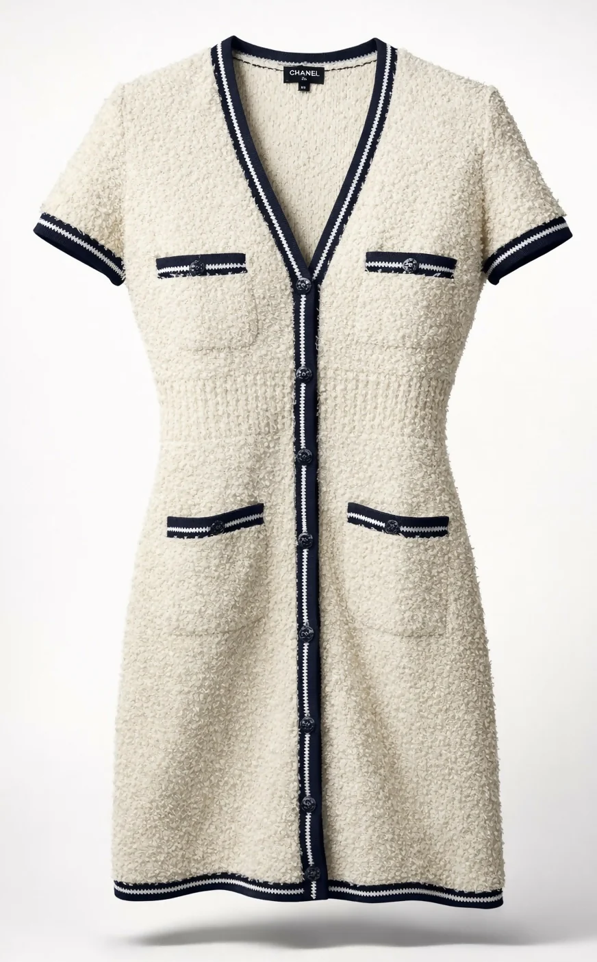 Chanel 19P Sand by the Sea Fantasy Tweed Ivory Navy Short Sleeve Dress FR 36