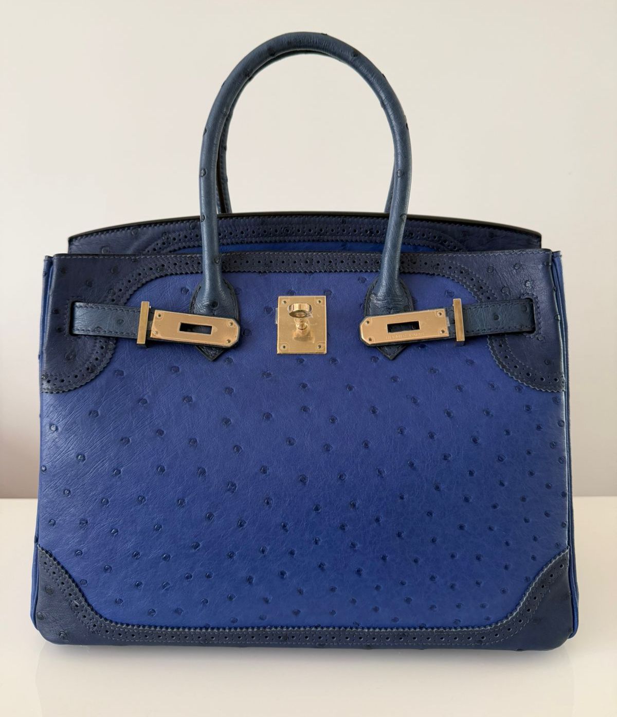 Hermes Birkin 30 Ghillies blue sapphire ostrich Leather Gold Hardware