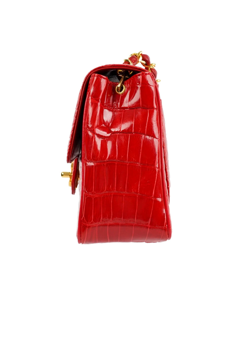 Chanel red shiny Alligator leather mini square flap bag with gold hardware