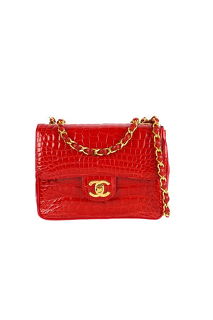 Chanel red shiny Alligator leather mini square flap bag with gold hardware