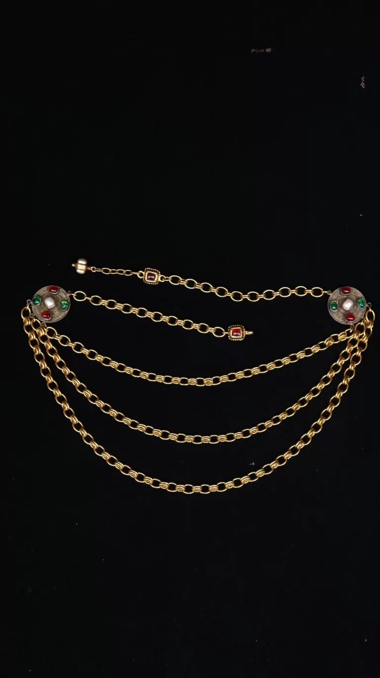 Chanel Red and Green Glass Pearl Pendant, Three-Layer Waist Chain Necklace