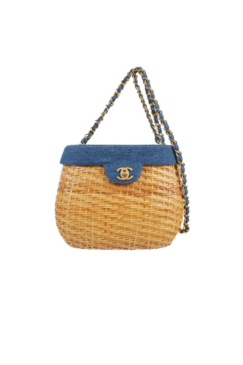 Chanel Wicker Basket Bag With Denim Flap Bucket