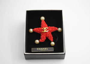 Chanel Vintage 93C Red Lava Imitation Pearls Gold Plated Brass Cc Starfish Brooc