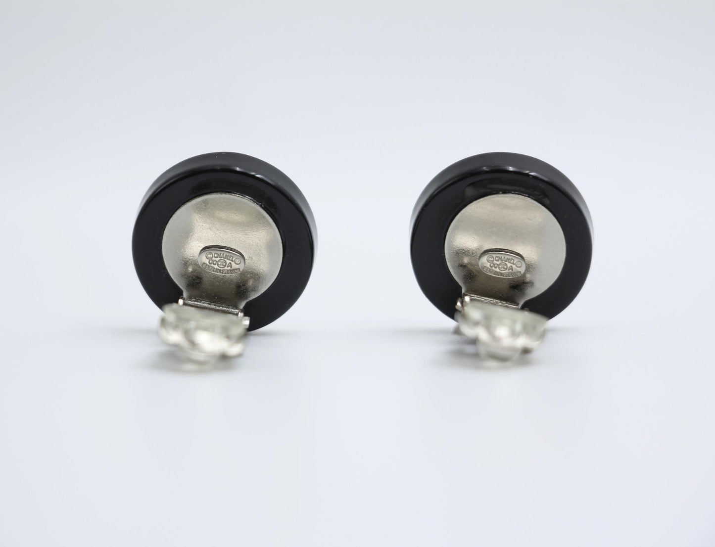 Chanel Vintage 00A Resin English Lettering Black Silver Half Triangle Earrings