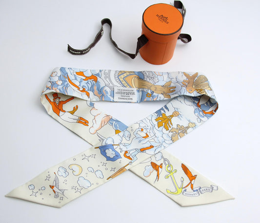 Hermès Hermès 100 Silk Sur Mon Nuage Twilly Creme Bleu Ciel Orange Scarf - Onesize Accessories - Vintage fashion from Top Quality Luxury Designers Bag