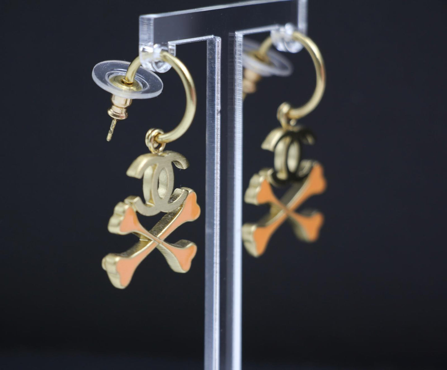 Chanel Vintage 03P Enamel Skull Orange Earrings