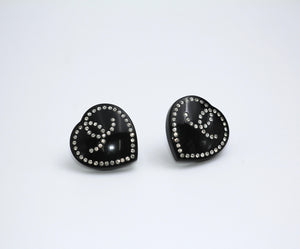 Chanel Vintage 09C Rhinestone Resin Black Heart Cc Earrings