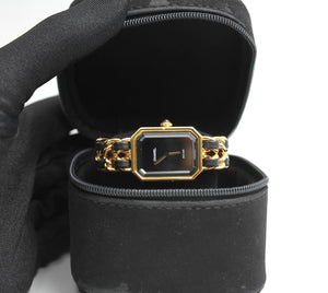 Chanel Vintage 87 Premiere Black Sugar Cube Leather Chain Watch S