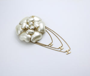 Chanel Vintage 02A Imitation Pearl White Camellia Three Cc Brooch