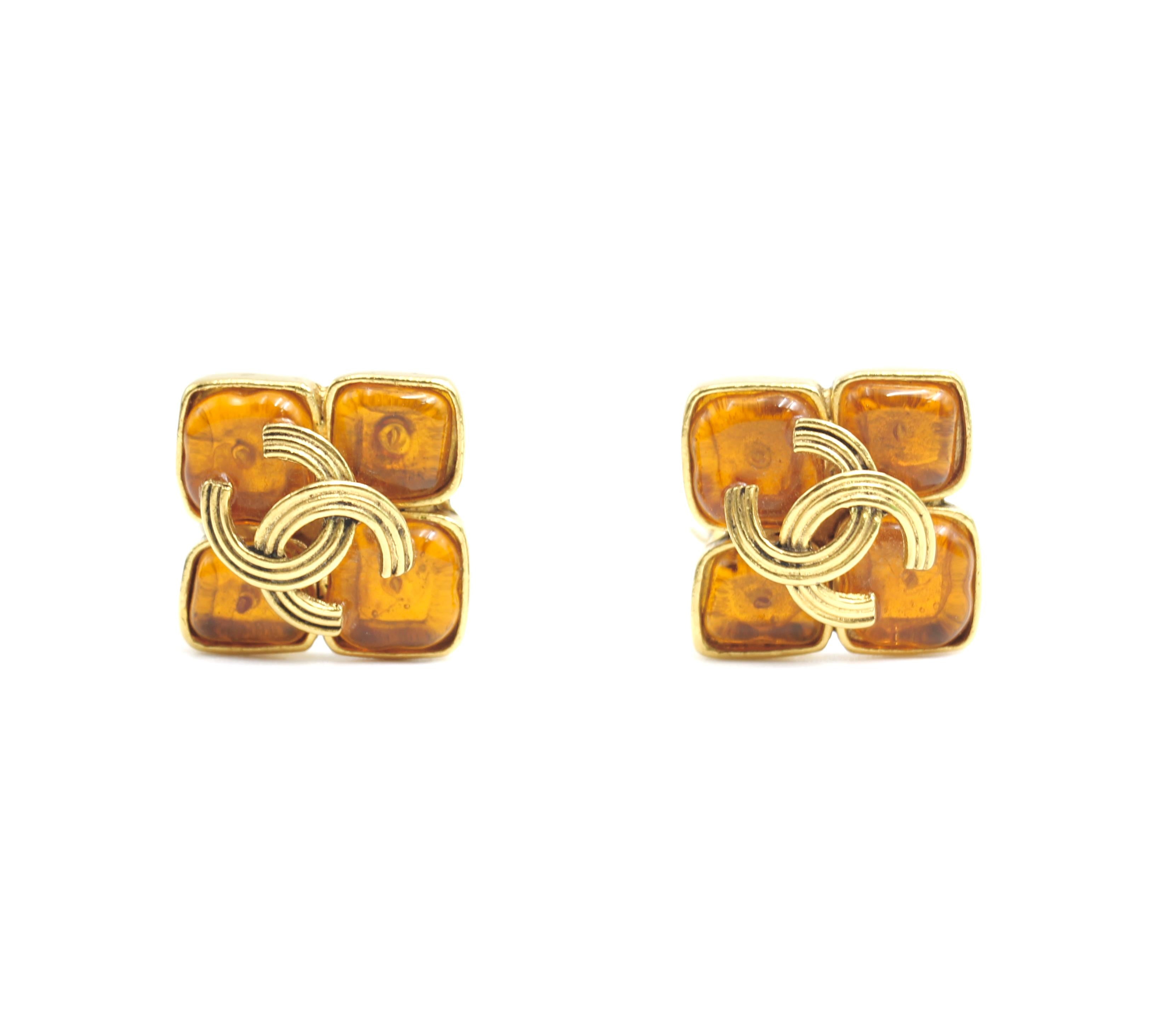 CHANEL Chanel Vintage 94A Orange Glass Gold-Plated Rhombus Cc Earrings - Onesize Fashion Jewellery - Used fashion item from Top Quality Luxury Designers Bag