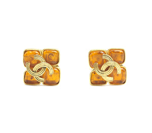 Chanel Vintage 94A Orange Glass Gold-Plated Rhombus Cc Earrings