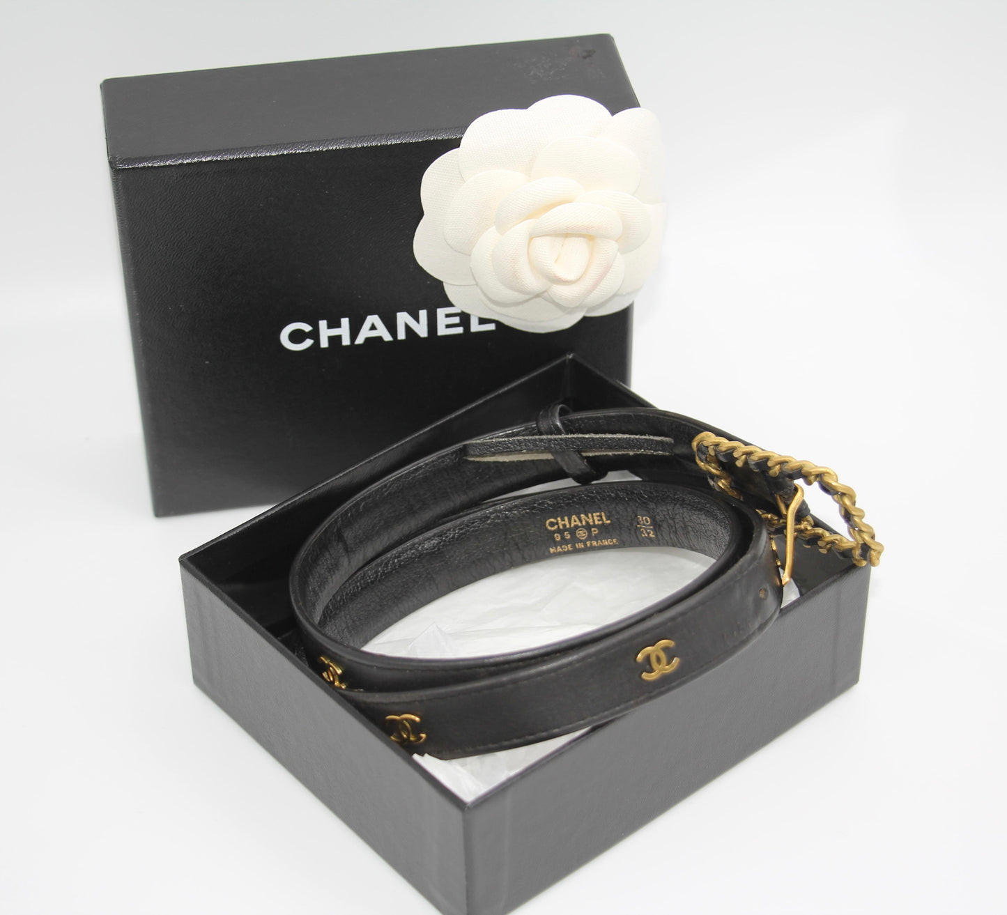 CHANEL Chanel Vintage 95P Gold Plated Buckle Black Belt - Onesize Belt - Vintage fashion from Top Quality Luxury Designers Bag