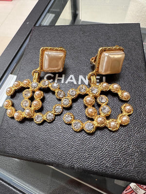 Chanel Vintage 91 Rhombus Imitation Pearl Large Cc Clip-On Earrings