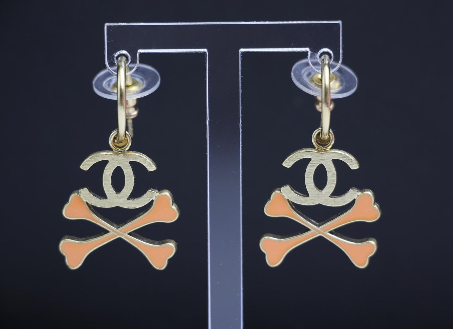 Chanel Vintage 03P Enamel Skull Orange Earrings