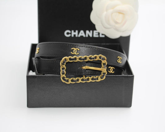 CHANEL Chanel Vintage 95P Gold Plated Buckle Black Belt - Onesize Accessories - Vintage fashion from Top Quality Luxury Designers Bag