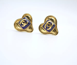 Chanel Vintage 95P Sapphire Blue Glazed Gold-Plated Love Earrings
