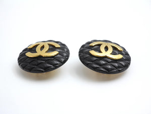 Chanel Vintage 91 Resin Rhombus Shape Bright Black Gold Large Earrings