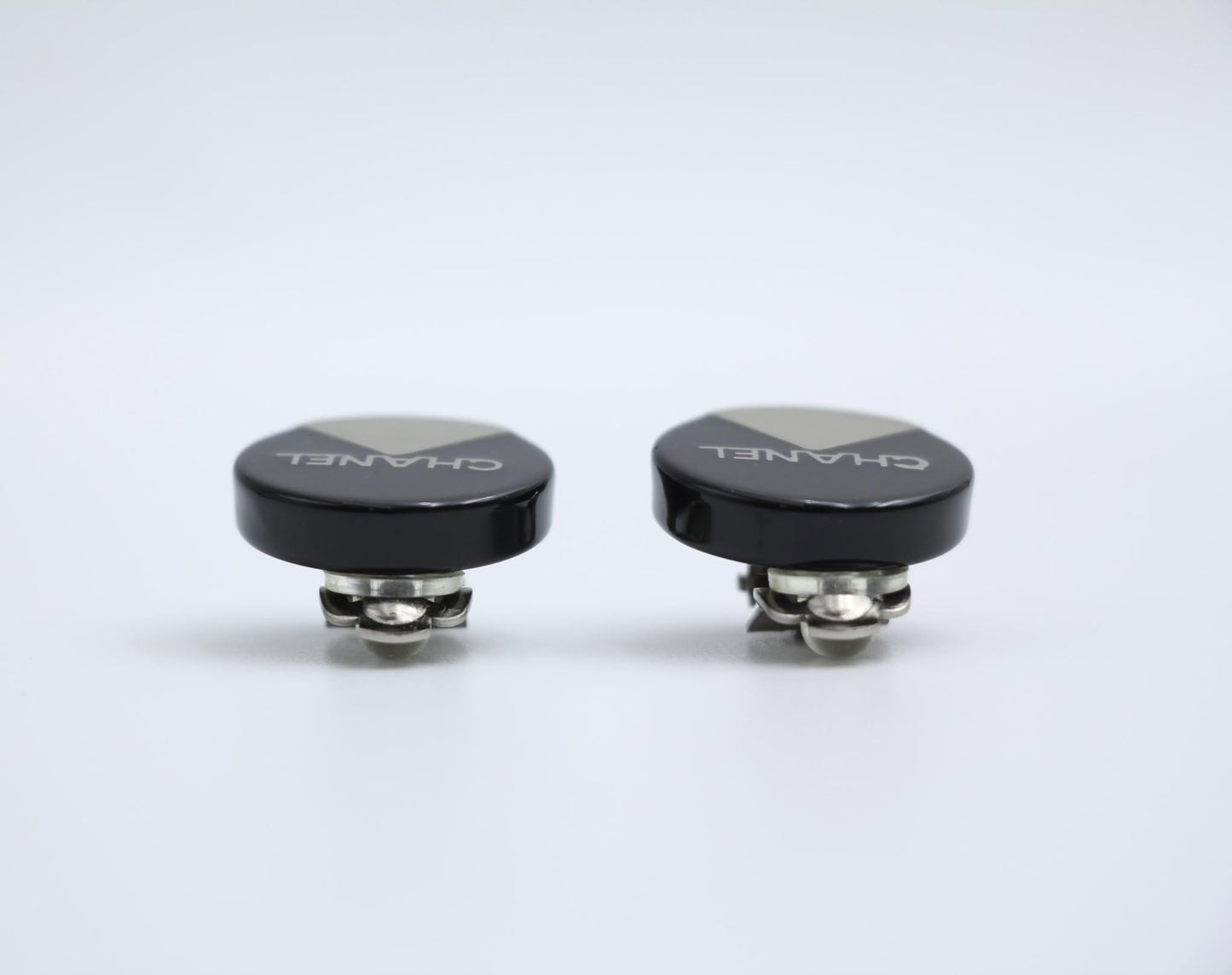 Chanel Vintage 00A Resin English Lettering Black Silver Half Triangle Earrings