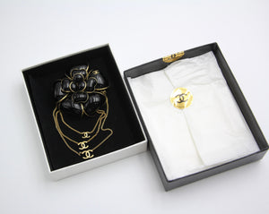 Chanel Vintage 02A Imitation Pearl Black Camellia Three Cc Brooch
