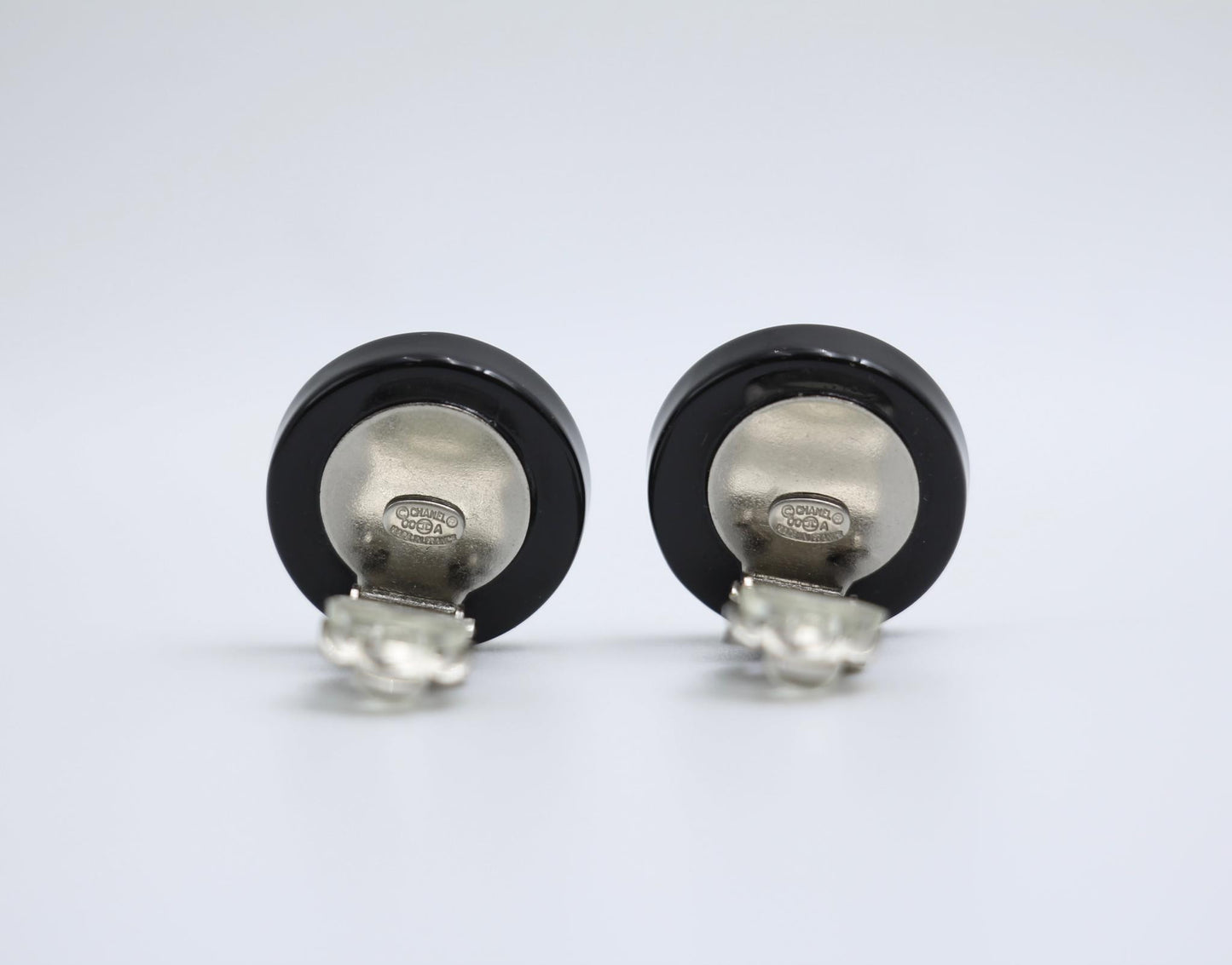 Chanel Vintage 00A Resin English Lettering Black Silver Half Triangle Earrings