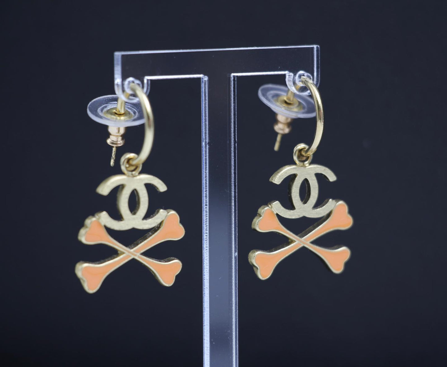 Chanel Vintage 03P Enamel Skull Orange Earrings