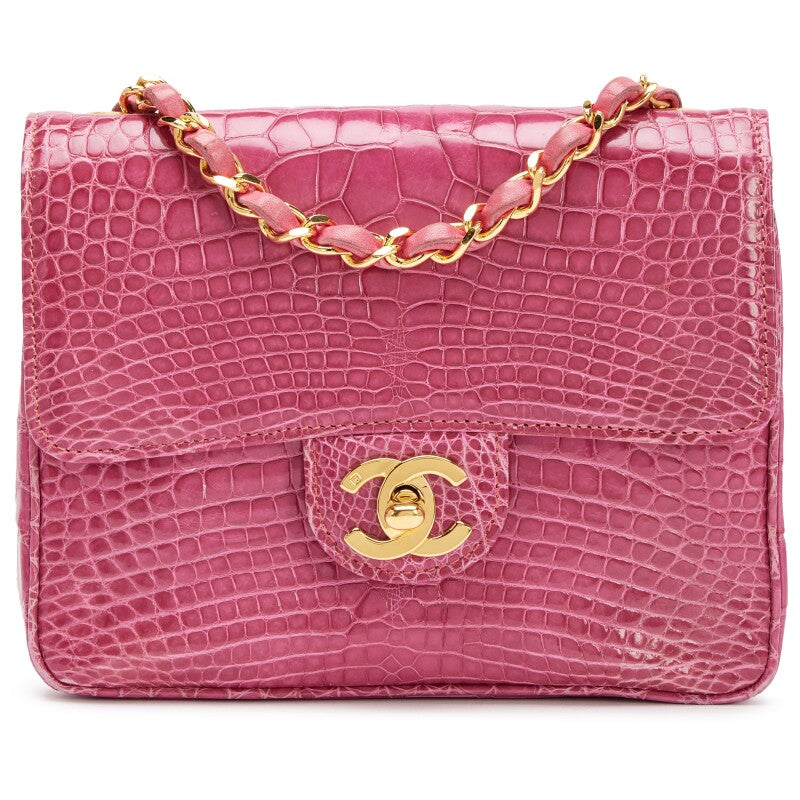 Chanel pink alligator gold hardware mini flap bag
