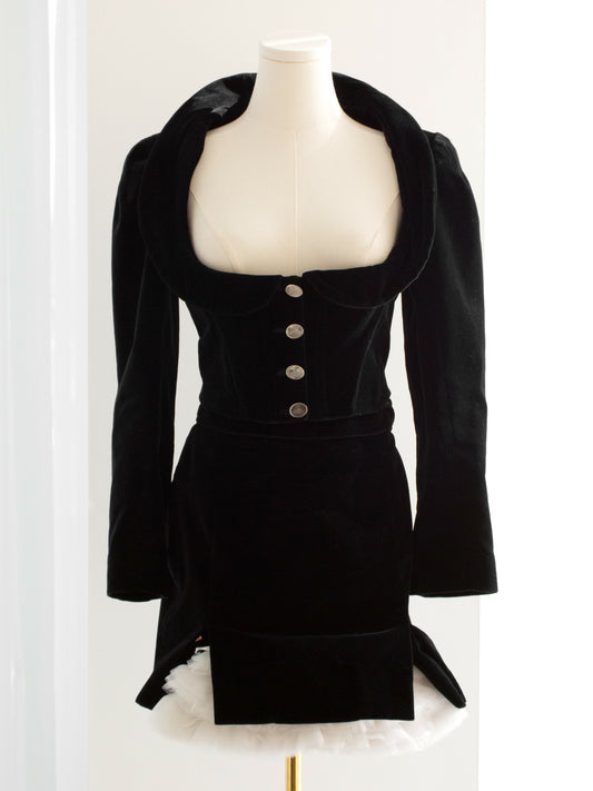Vivienne Westwood Vintage F:W 1988 time machine Black Velvet White Tulle Bustle Mini Skirt jacket top set suit