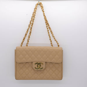 Chanel Vintage 1990s Caviar Dark Beige Jumbo Single Classic Flap Bag