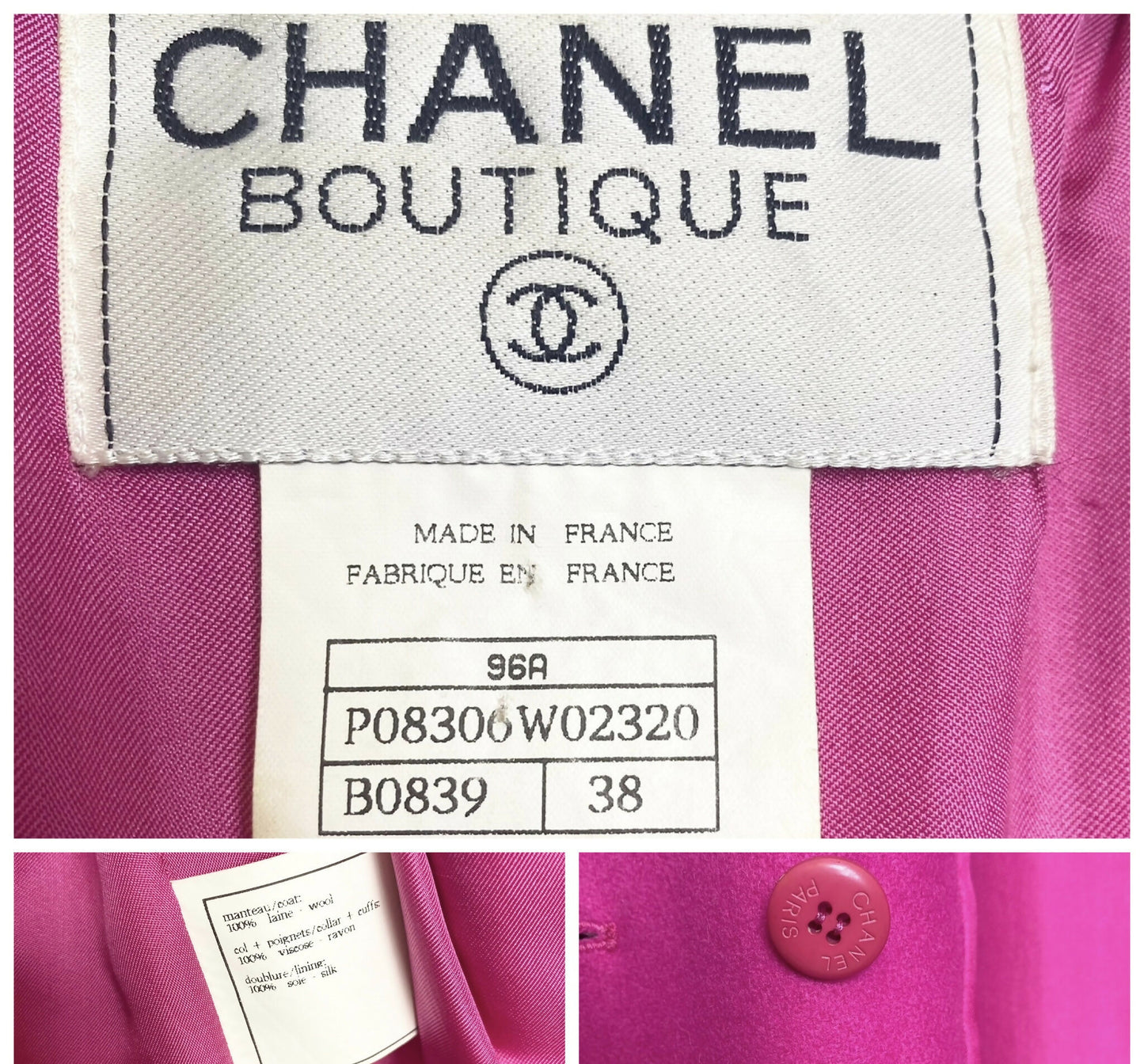 Rare Chanel 96A Vintage Pink  Burgundy Velvet Trim Gripoix Double Breasted Coat FR 38