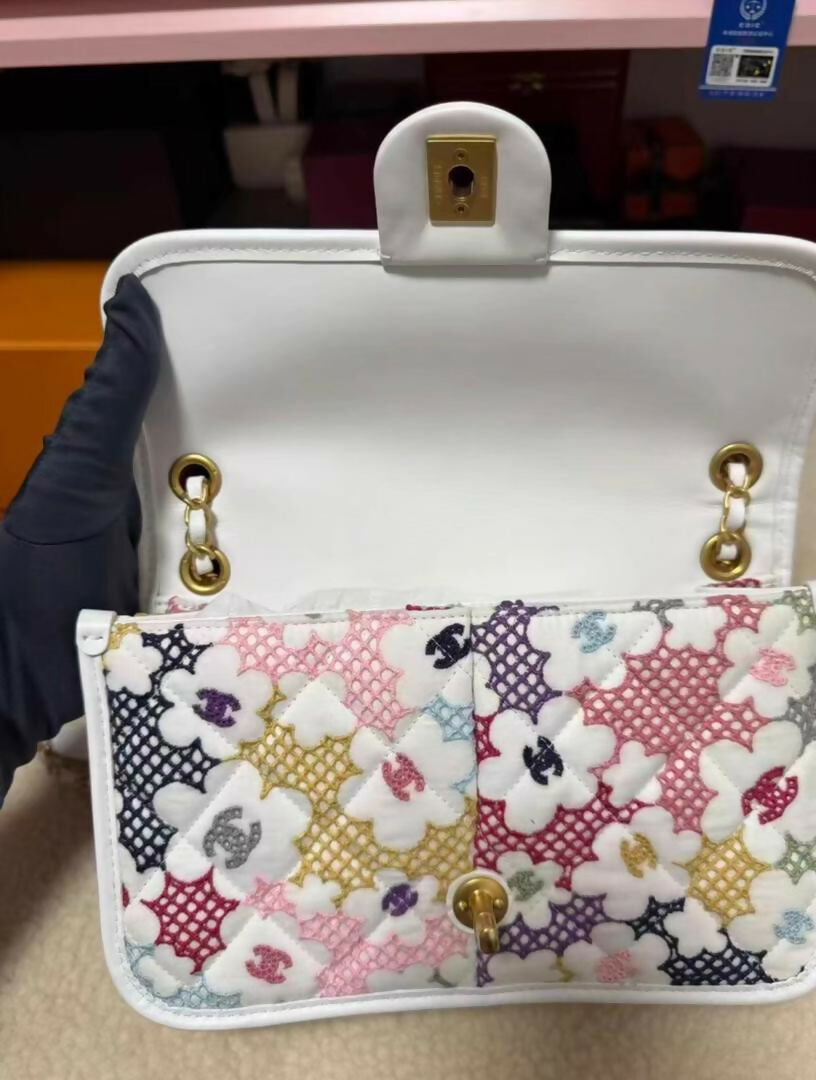 Chanel Spring 2024 White  Multicolor Floral Embroidered Classic Flap Bag with Aged Gold Hardware