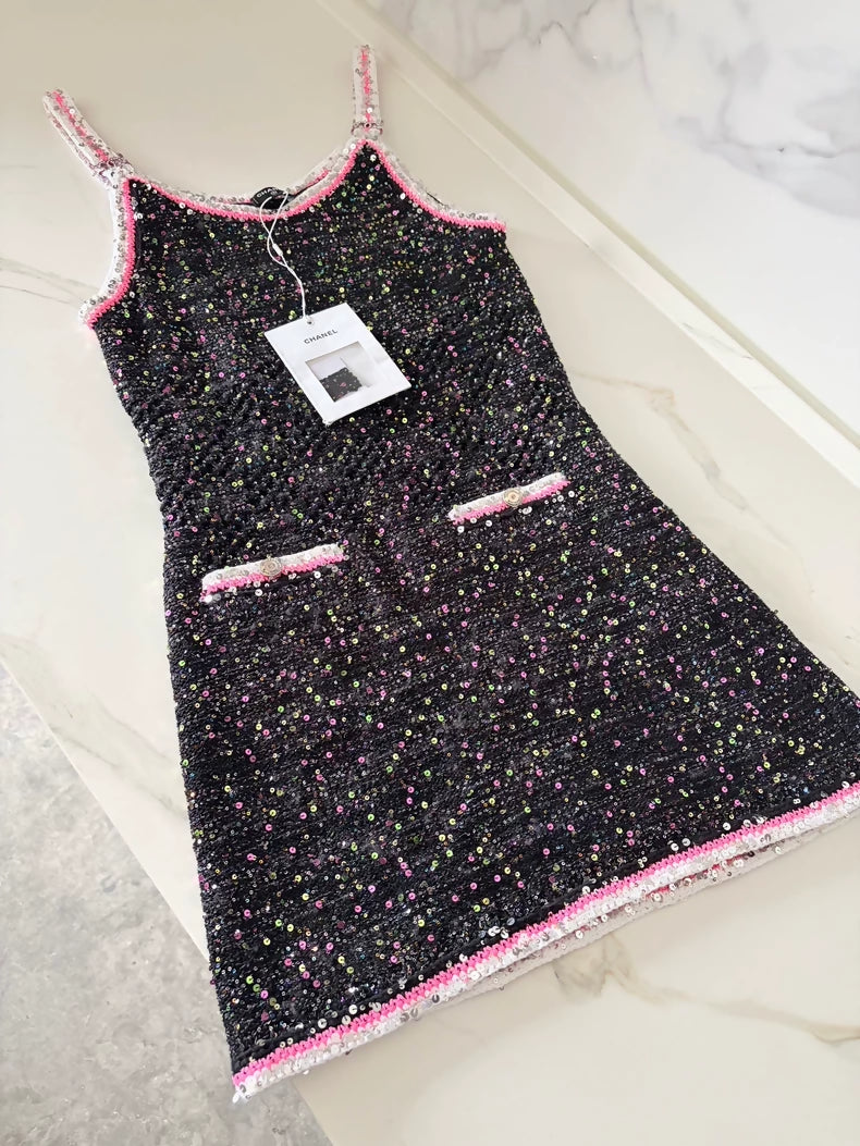 Chanel 24C black pink Sequined tweed Dress