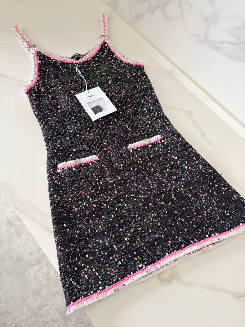 Chanel 24C black pink Sequined tweed Dress