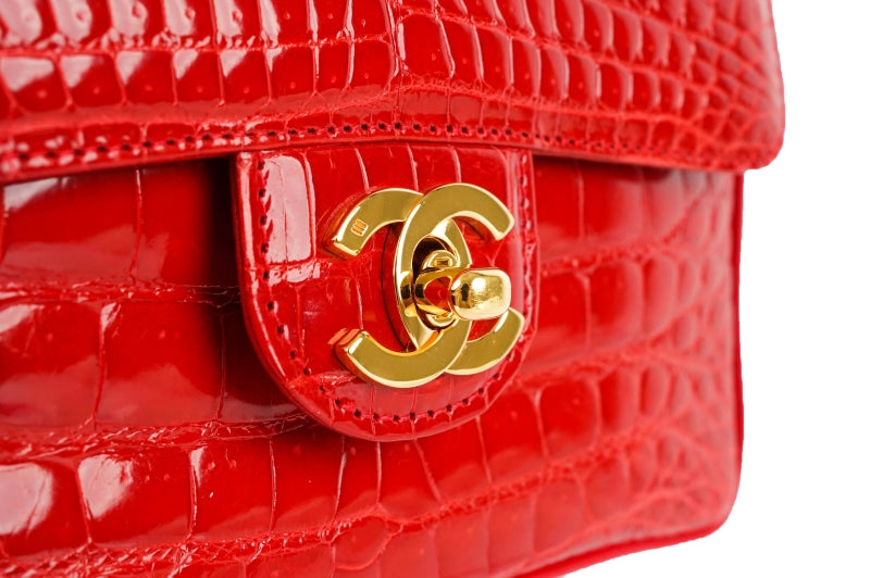Chanel red shiny Alligator leather mini square flap bag with gold hardware