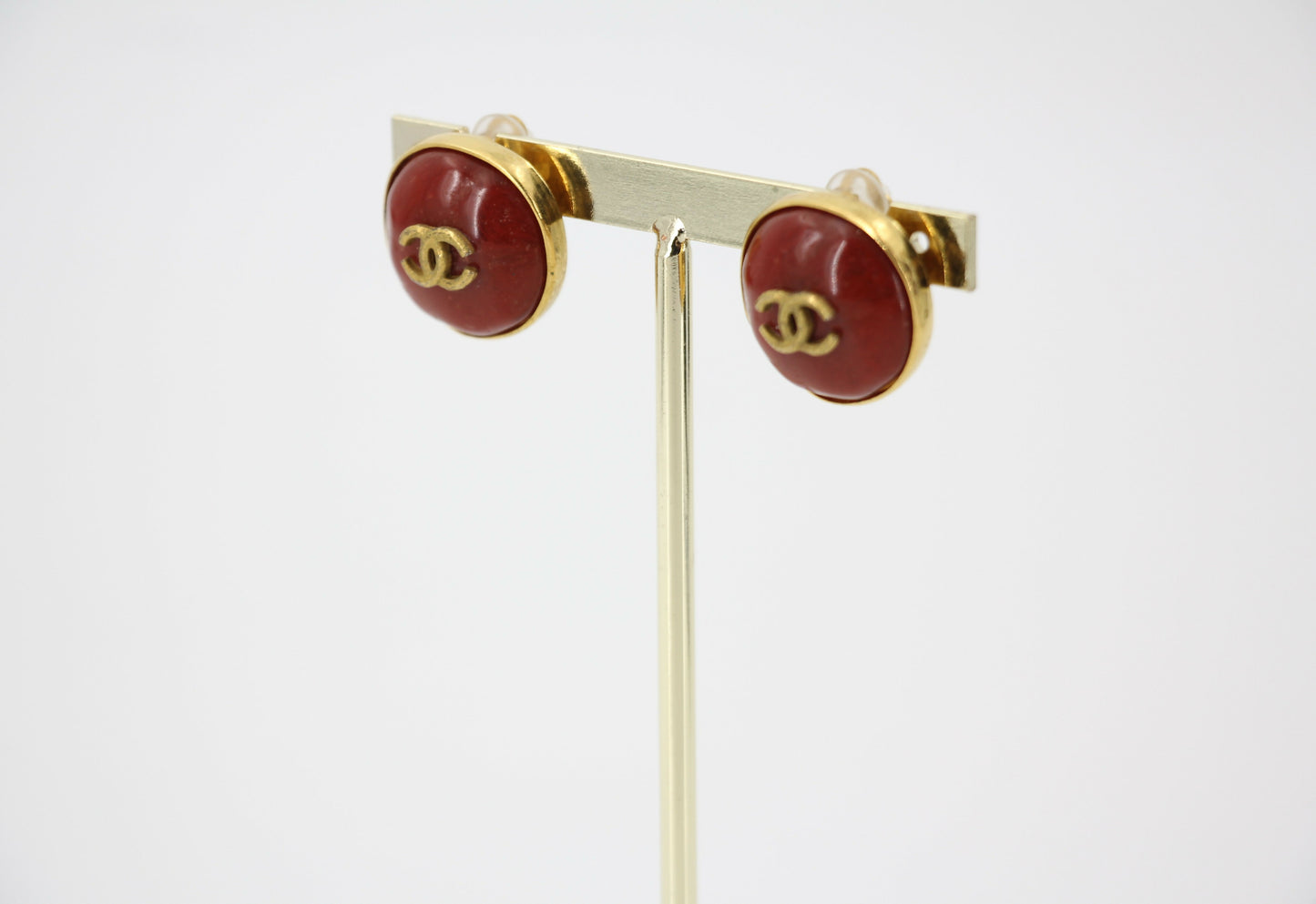 Chanel Vintage 98P Imitation Beeswax Red  Gold-Tone CC Clip-On Earrings