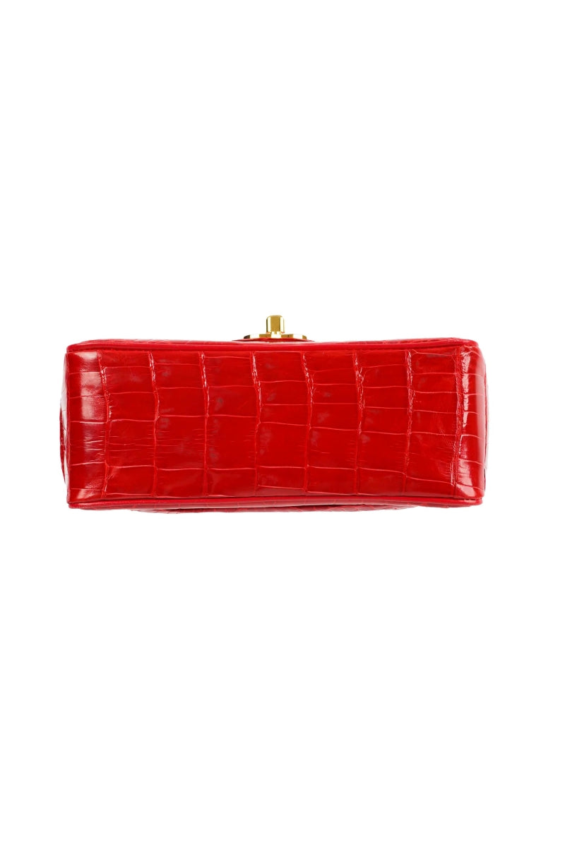 Chanel red shiny Alligator leather mini square flap bag with gold hardware