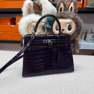 Hermes Kelly 28 9G amethyst shiny crocodile leather palladium hardware