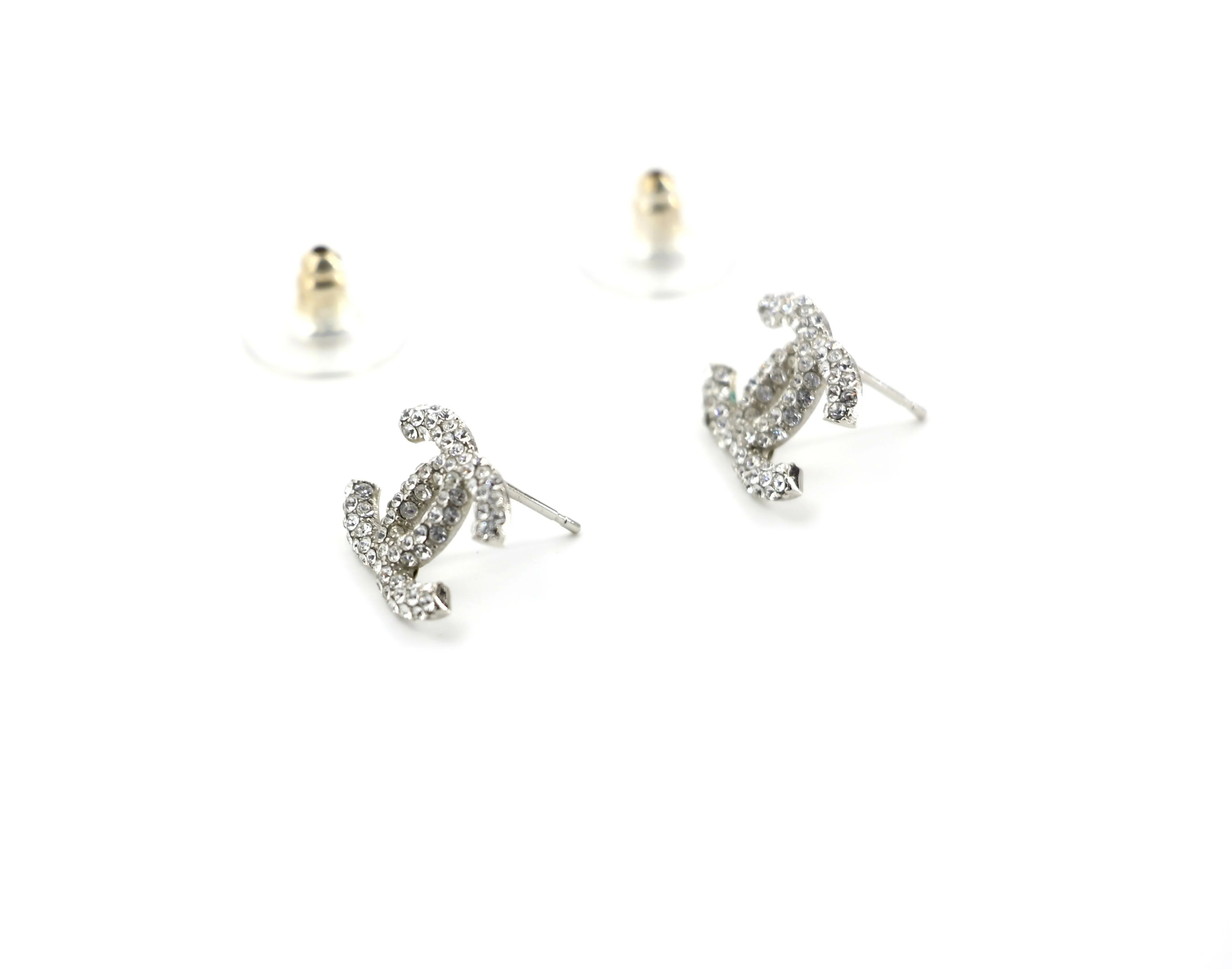 Chanel B18S Rhinestone Classic Silver CC Stud Earrings