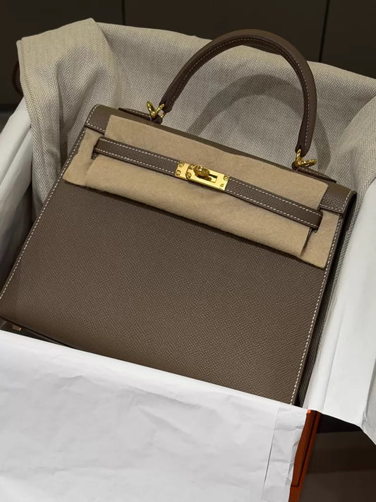 Hermes Kelly 25 Etoupe Epsom leather gold hardware