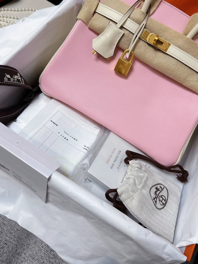 Hermes Birkin 25 two colors cherry pink 3Q and craie swift leather with brushed gold hardware