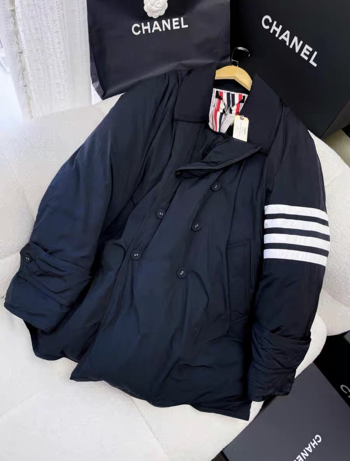 THOM BROWNE Thom Browne classic four-stripe black down jacket - Small Jacket - Vintage fashion from Top Quality Luxury Designers Bag
